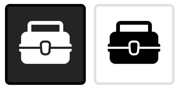 Lunch Box Icon on Black Button with White Rollover Lunch Box Icon on Black Button with White Rollover. This vector icon has two variations. The first one on the left is dark gray with a black border and the second button on the right is white with a light gray border. The buttons are identical in size and will work perfectly as a roll-over combination. sack lunch stock illustrations