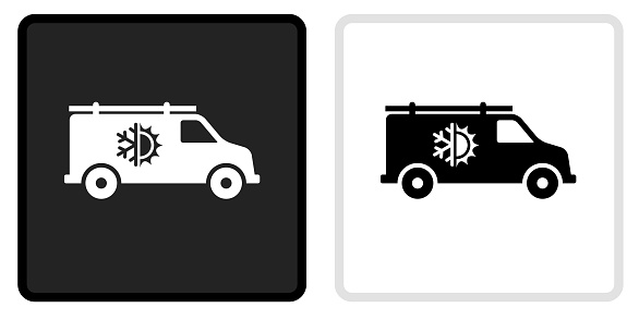 Air Conditioner Truck Icon on  Black Button with White Rollover. This vector icon has two  variations. The first one on the left is dark gray with a black border and the second button on the right is white with a light gray border. The buttons are identical in size and will work perfectly as a roll-over combination.