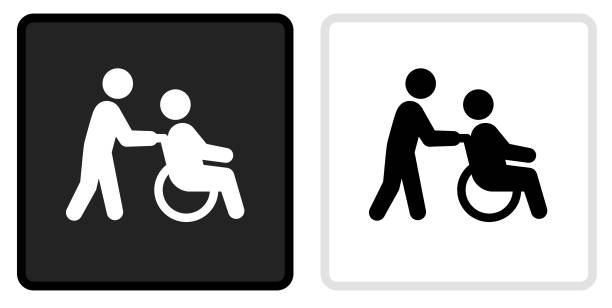 Wheelchair Caregiver  Icon on  Black Button with White Rollover Wheelchair Caregiver  Icon on  Black Button with White Rollover. This vector icon has two  variations. The first one on the left is dark gray with a black border and the second button on the right is white with a light gray border. The buttons are identical in size and will work perfectly as a roll-over combination. nurse borders stock illustrations