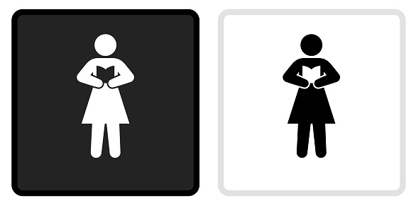 Woman Reading Icon on  Black Button with White Rollover. This vector icon has two  variations. The first one on the left is dark gray with a black border and the second button on the right is white with a light gray border. The buttons are identical in size and will work perfectly as a roll-over combination.