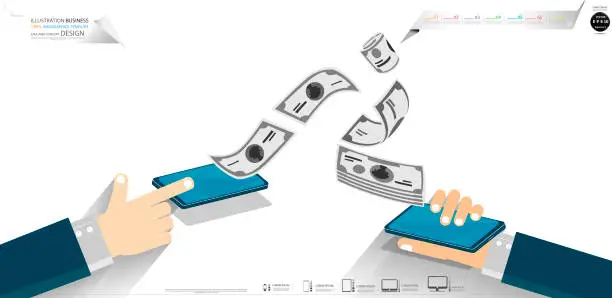 Vector illustration of Money transfer.Sending and receiving money wireless with mobile phones. - illustration Business Infographic template with icon,Human Hand,Paper Currency.