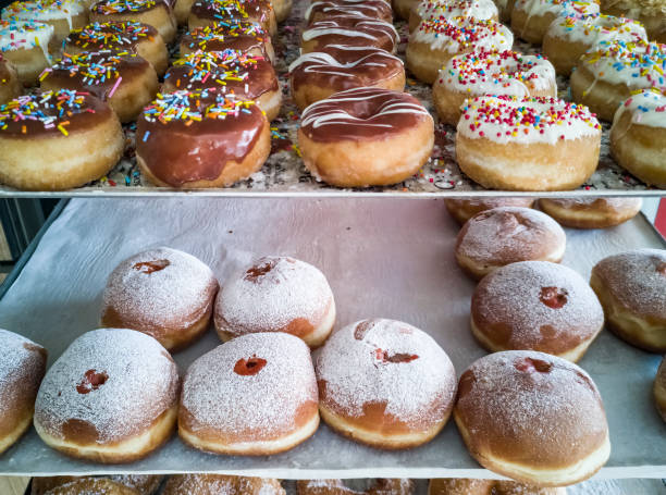 Festive sweet  donuts on market place