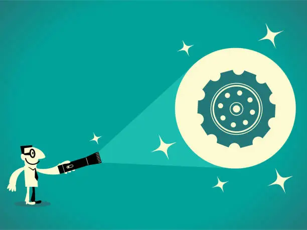 Vector illustration of Businessman (Engineer) shines a flashlight and finds an important gear mechanism