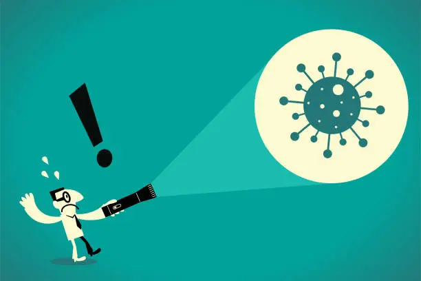 Vector illustration of One man shines a flashlight and finds a big Virus (Coronavirus, Computer Virus)