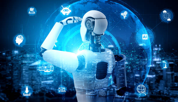 istock Humanoid AI robot looking at hologram screen showing concept of communication 1282076214