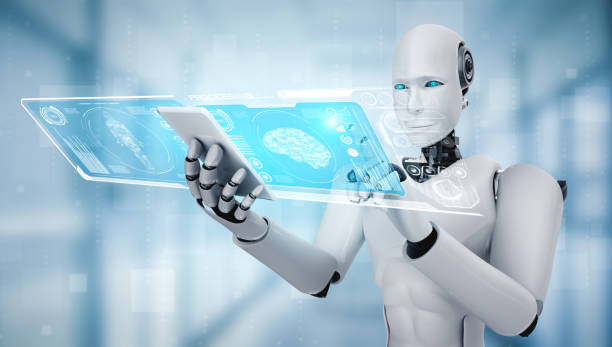 istock Robot humanoid use mobile phone or tablet in concept of AI thinking brain 1282076847