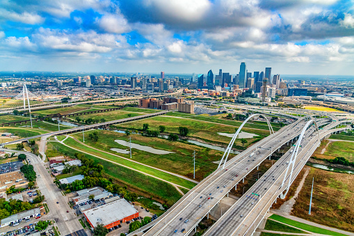 Interstate 30 and the Margaret McDermott Bridge in the foreground and the Margaret Hunt Hill Bridge in the background spanning the Trinity River leading into the downtown area of Dallas, Texas shot from about 1200 feet during a photo flight.
