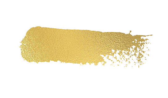 Gold foil brush stroke. Golden glossy paint texture isolated on white background.