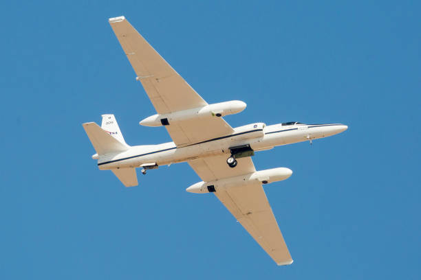 PALMDALE, CALIFORNIA / USA - October 22, 2020: A NASA ER-2 High-Altitude Airborne Science Aircraft flying around the Palmdale Regional Airport.