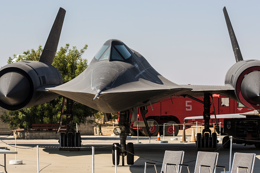 Combat aircraft at a military weapons exhibition. Defense concept hd image. Phantom F4 military aircraft open canopies.