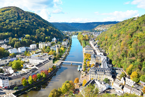 Aerial view of the city of Bad Ems. View of the Lan River and the city.