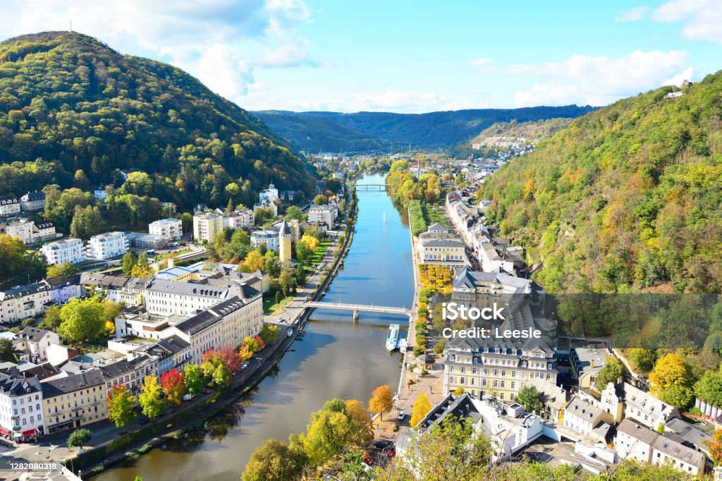 Aerial view of the city of Bad Ems. View of the Lan River and the city. Aerial view of the city of Bad Ems. View of the Lan River and the city. October. Autumn colors. Bad Ems Stock Photo