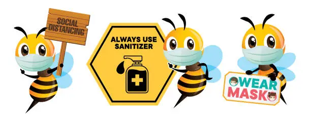 Vector illustration of Prevention from virus. Cartoon cute bee wearing protective mask holding public awareness signboard for social distance, use sanitizer and wear mask. Stay safe from coronavirus. - vector