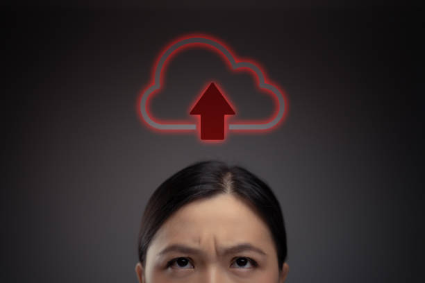 Unhappy Asian woman and cloud icon hologram effect. Isolated on background.