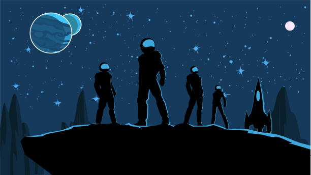 Vector Astronaut Team on a Planet Surface Stock illustration A silhouette style vector illustration of a team of astronaut standing on a planet surface with outer space in the background. Wide space available for your copy. rocketship silhouettes stock illustrations