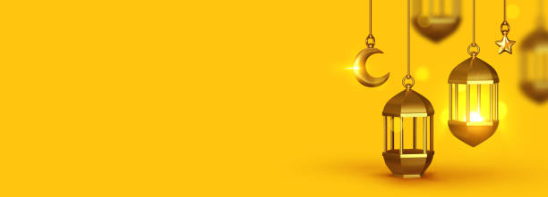 istock Yellow Background 3d design is arabian vintage decorative hanging lamp are on fire. 1282084289