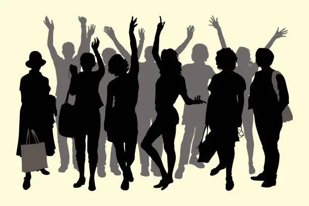 Vector illustration of Vector silhouettes isolated from each other group of tourists stand in 2 rows, people raised their hands up, waving affably, women with bags in hat, emotion of joy, holiday, happy women and men crowd.