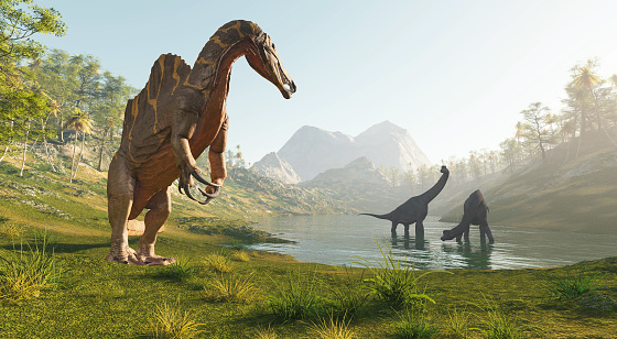 Spinosaurus near the lake hunting two brachiosaurus . This is a 3d render illustration .