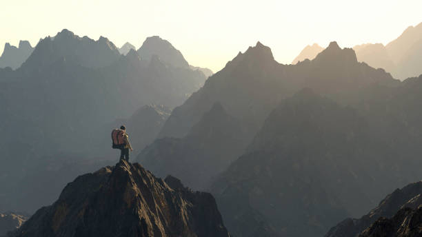 istock Traveler on top of a mountain . This is a 3d render illustration. 1282089716