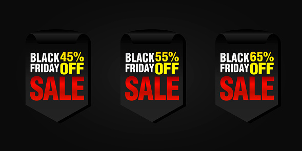 Black friday set of sale badges 45%, 55%, 65% off. Vector illustration
