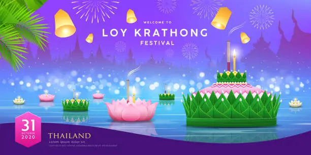 Vector illustration of Loy krathong festival thailand, Banana leaf material and pink lotus design, on thailand temple at night river
