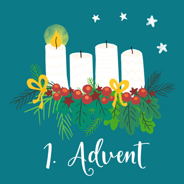 출현 화환 그림. 4 개의 촛불, 불타는, 활, 열매 및 소나무 가지로 크리스마스 준비를합니다. 제1대 강림절. 독일의 휴일 전통. 카드, 소셜 미디어 게시물에 대한 크리스마스 카운트 다운 - 강림절 stock illustrations