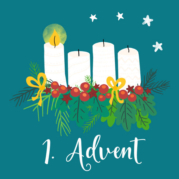 ilustrações de stock, clip art, desenhos animados e ícones de advent wreath illustration. christmas arrangements with 4 candles, one burning, bows, berries and pine branches. 1st advent. german holiday tradition. christmas countdown for cards, social media posts - advento