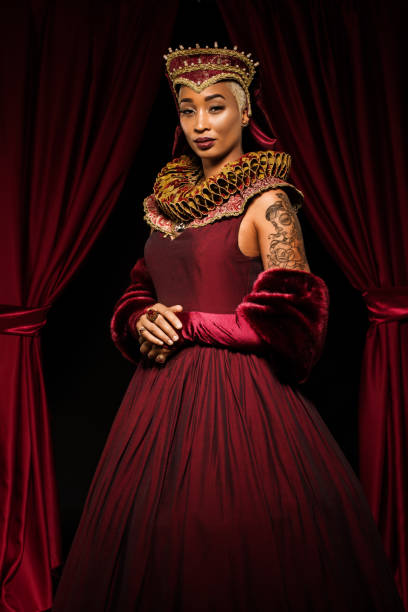 portrait of beautiful african queen woman in european dress - queen imagens e fotografias de stock