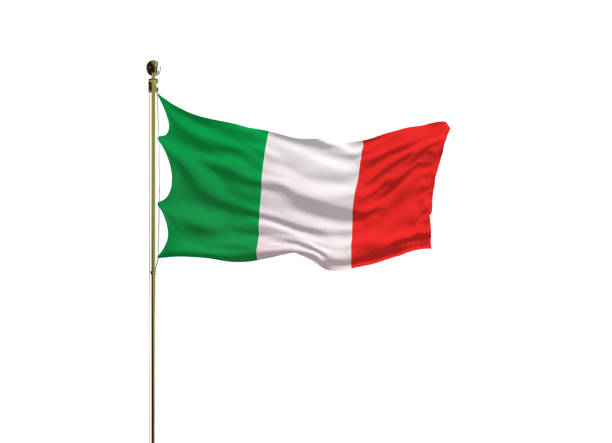istock Italian flag on a pole waving isolated on white background 1282097627