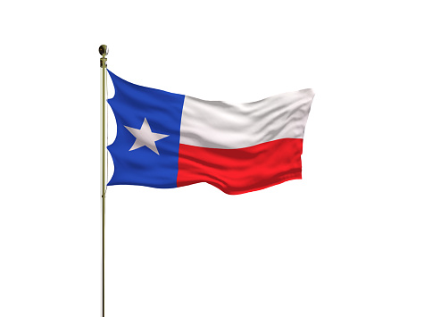 Texas flag on a pole waving isolated on white background