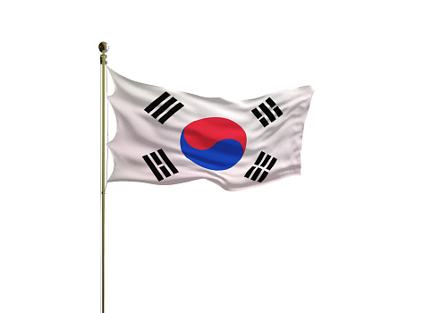 South Korean flag on a pole waving isolated on white background