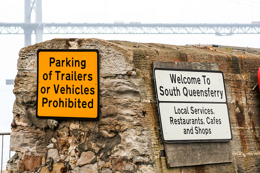 Edinburgh, Scotland. Pier signs in the neighborhood of South Queensferry-Dalmeny close to the Firth of Forth