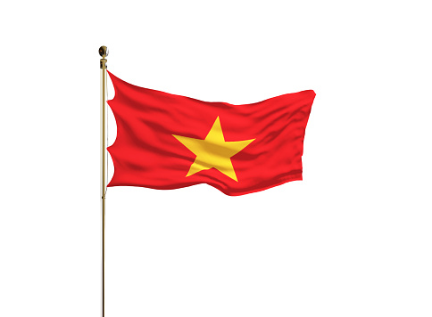 Vietnamese flag on a pole waving isolated on white background