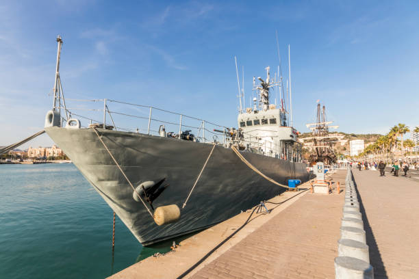 Patrol boat of Spanish Navy Malaga, Spain. The Tagomago P-22, a patrol boat of the Armada Espanola (Spanish Navy), in the Port of Malaga named animal stock pictures, royalty-free photos & images