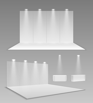 Realistic empty stands. 3d event exhibition panel mockup, modern blank expo wall. Blank showroom construction. White interior for trade vector illustration. Empty presentation showroom with screen