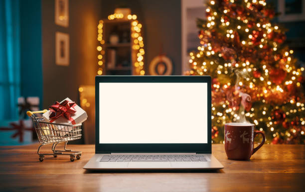 weihnachtseinkäufe online zu hause - sale e commerce internet computer stock-fotos und bilder