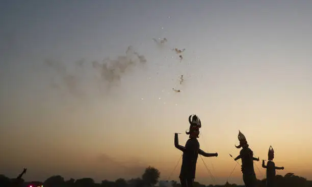 Dussehra Festival Celebration in India and burning of the Ravan effigy on the hindu festival
