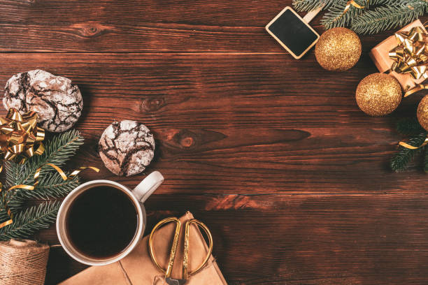 istock Cozy home Christmas flat lay composition with coffee cup 1282101229