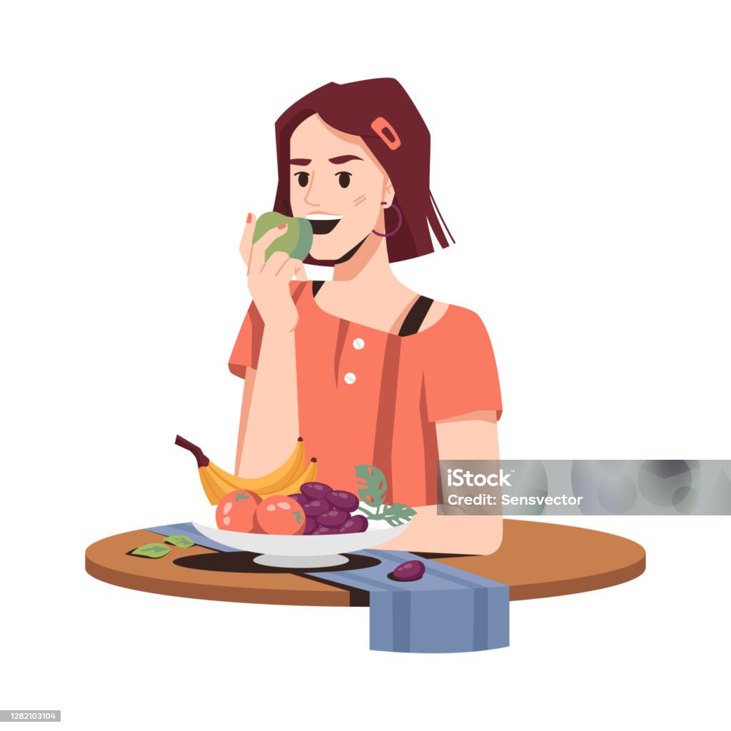 Ilustración de Niña Comiendo Frutas Alimentos Saludables Mujer Aislada En Dibujos Animados Planos La Estudiante De Vector Come Manzana Plátano Naranjas Y Uvas En El Plato Servilleta En La Mesa Consumo De Ilustración de Niña Comiendo Frutas Alimentos Saludables Mujer Aislada En Dibujos Animados Planos La Estudiante De Vector Come Manzana Plátano Naranjas Y Uvas En El Plato Servilleta En La Mesa Consumo De