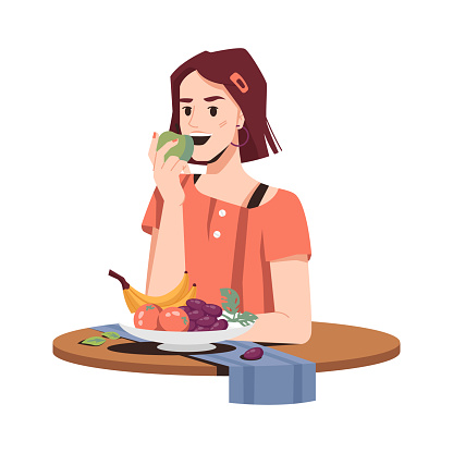 Girl Eating Fruits Healthy Food Isolated Woman In Flat Cartoon Vector  Female Student Eats Apple Banana Oranges And Grapes On Plate Napkin On  Table Vegetarian Desserts Consumption Organic Snack Stock Illustration -