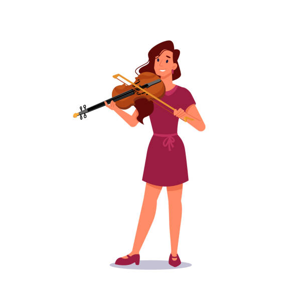 ilustrações de stock, clip art, desenhos animados e ícones de girl playing violin isolated musician in flat-cartoon. vector violinist plays on string music instrument, viola with fiddle. talented smiling caucasian woman practice on stringed tool, violin and bow - violin women violinist music