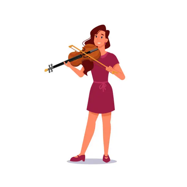 Vector illustration of Girl playing violin isolated musician in flat-cartoon. Vector violinist plays on string music instrument, viola with fiddle. Talented smiling caucasian woman practice on stringed tool, violin and bow