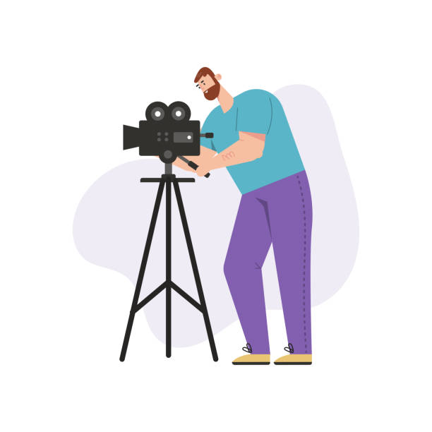 ilustrações, clipart, desenhos animados e ícones de cinegrafista filma filme em câmera profissional isolada - photographer camera tripod paparazzi photographer