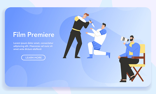 Vector banner of Film Premiere concept. Historical movie with dramatic duel scene of knights actors. Director with megaphone manages process of production. Character illustration of cinematography