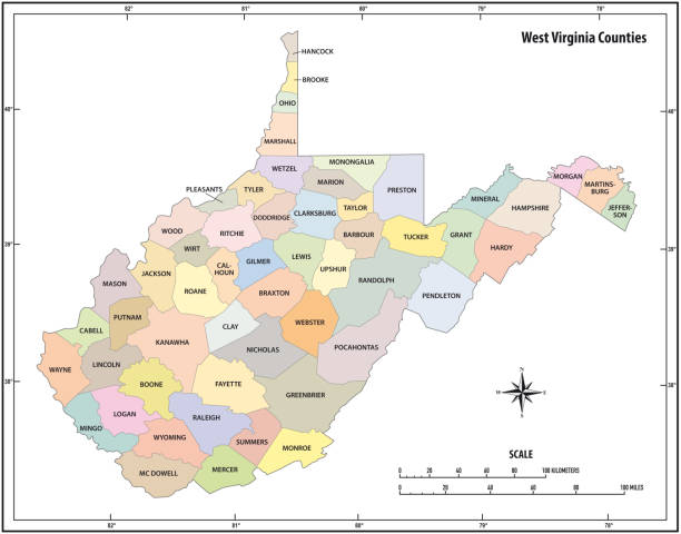 illustrations, cliparts, dessins animés et icônes de carte vectorielle de contour d’état de virginie ouest en couleur - compass coordination south north