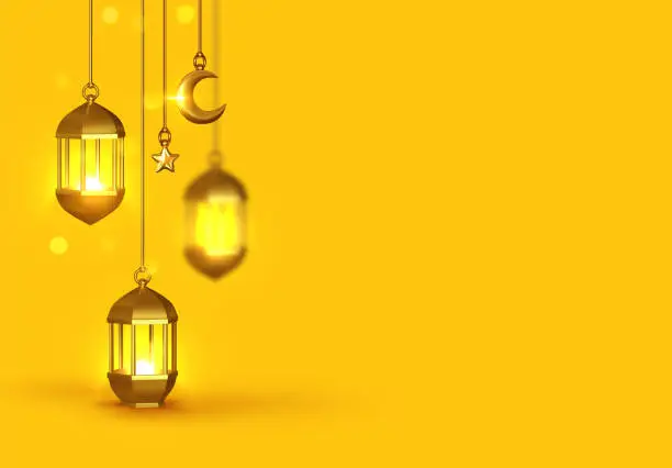 Vector illustration of Yellow Background 3d design is Arabian vintage decorative hanging lamp are on fire.