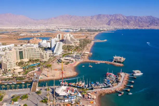 Eilat coastline, waterfront hotels and The Red Sea , Aerial view