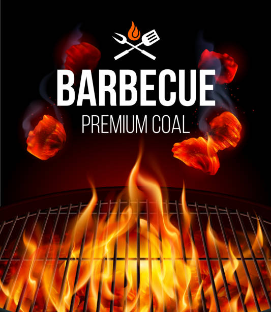 BBQ Grill with Smoke and Fire Actively Smoldering Embers of Fire for BBQ Grill with Smoke and Fire on Black dangerous steak stock illustrations