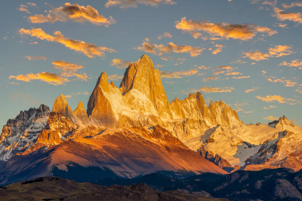 Fitz Roy Mountain at sunrise Cerro Torre, Chalten, Santa Cruz Province, Patagonia, Argentina mt fitzroy photos stock pictures, royalty-free photos & images
