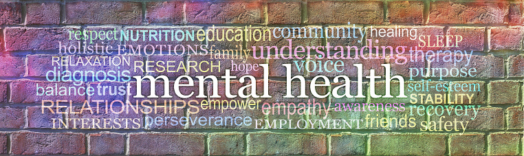 wide rainbow coloured brickwall with the words MENTAL HEALTH surrounded by a relevant word cloud